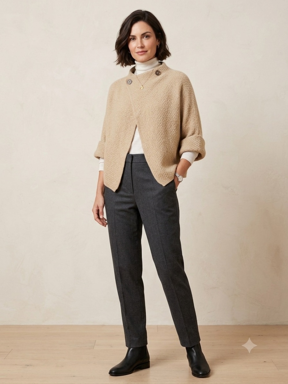 Gobi Organic Cashmere Cozy  Knit Poncho in Beige